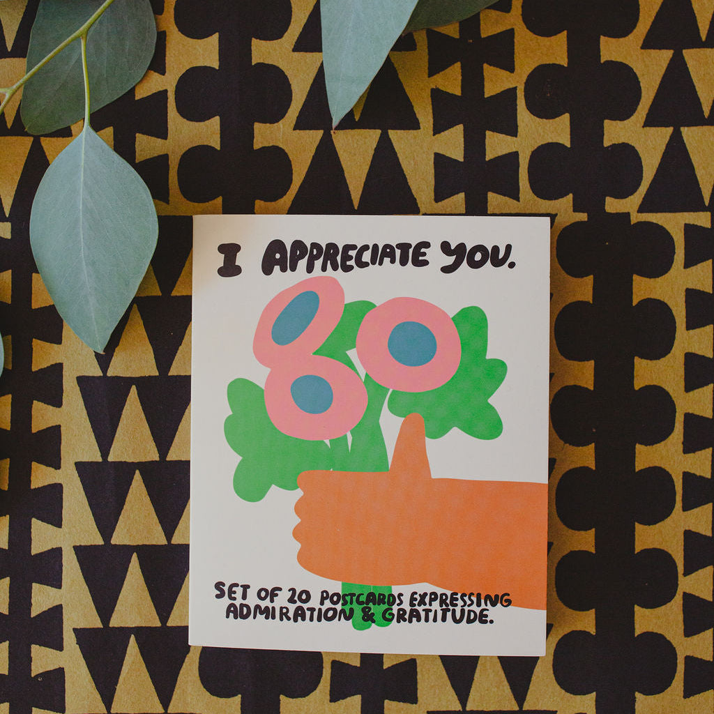Card with 'I appreciate you' message on a patterned background